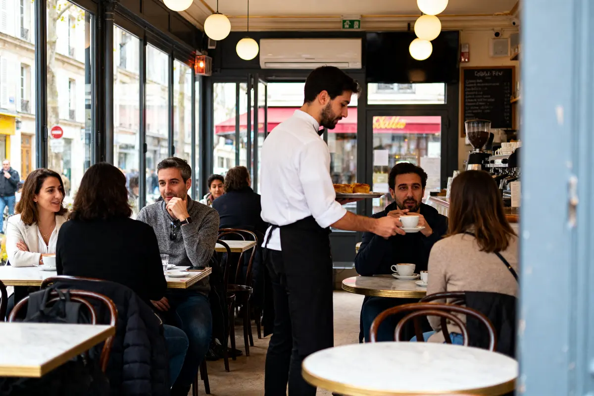 Café animé avec serveur sert boissons clients discutent la CAF bloque toutes les allocations mars