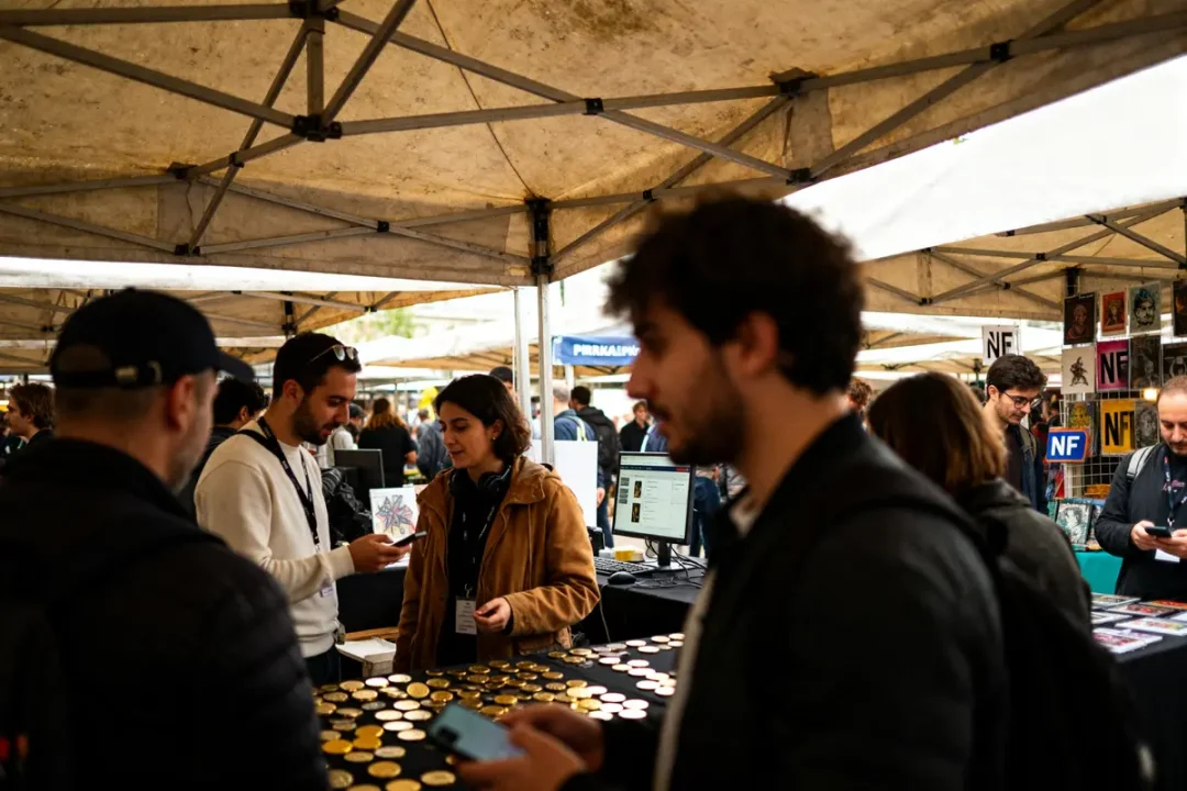 Personnes discutant à un stand sous une tente dans un marketplace cap animé et diversifié