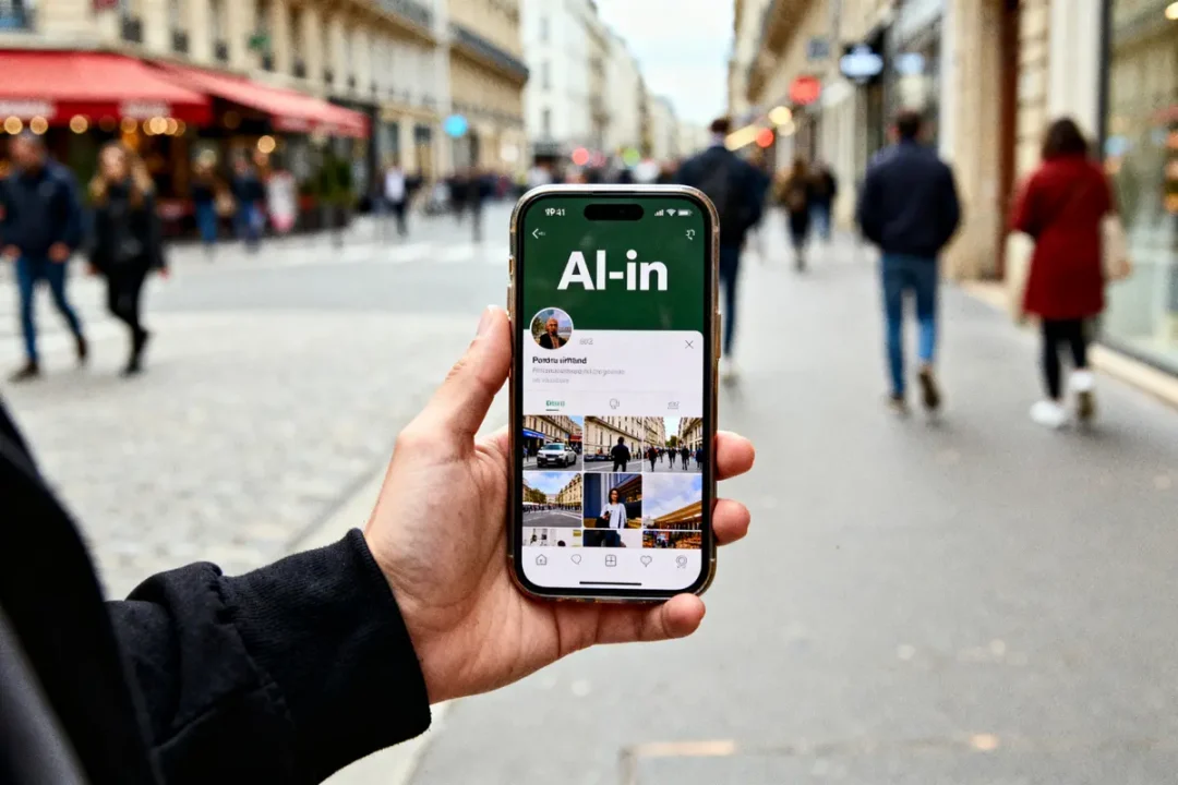 Personne utilisant l'application mon compte Al'in sur un smartphone dans une rue animée