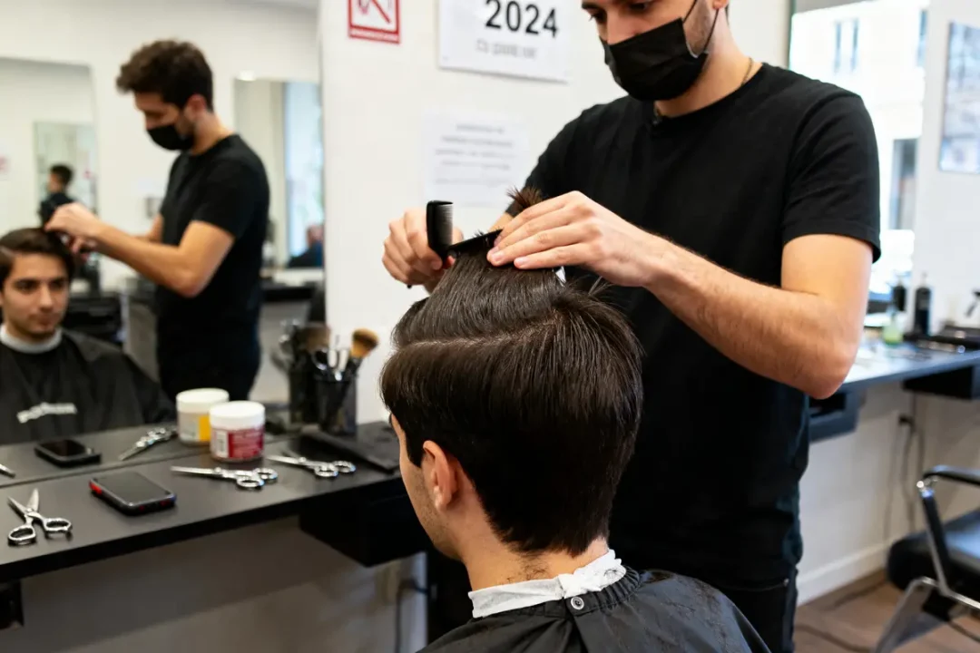 Coiffeur appliquant les directives de la nouvelle loi BP Coiffure 2024 sur un client