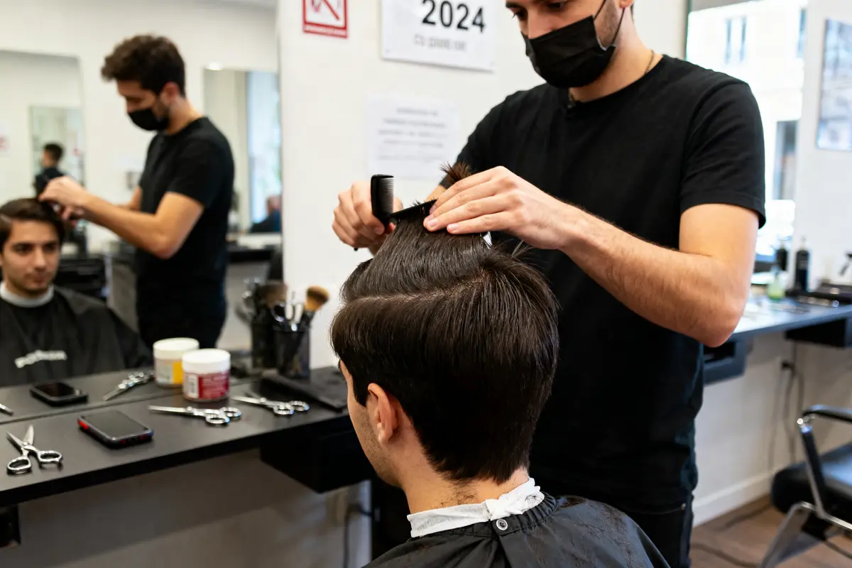 Coiffeur appliquant les directives de la nouvelle loi BP Coiffure 2024 sur un client