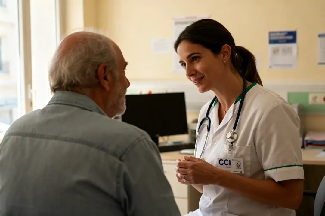 Infirmière discutant avec un patient expliquant pourquoi saisir la CCI dans un cabinet médical