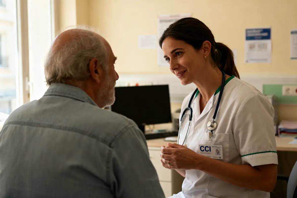 Infirmière discutant avec un patient expliquant pourquoi saisir la CCI dans un cabinet médical