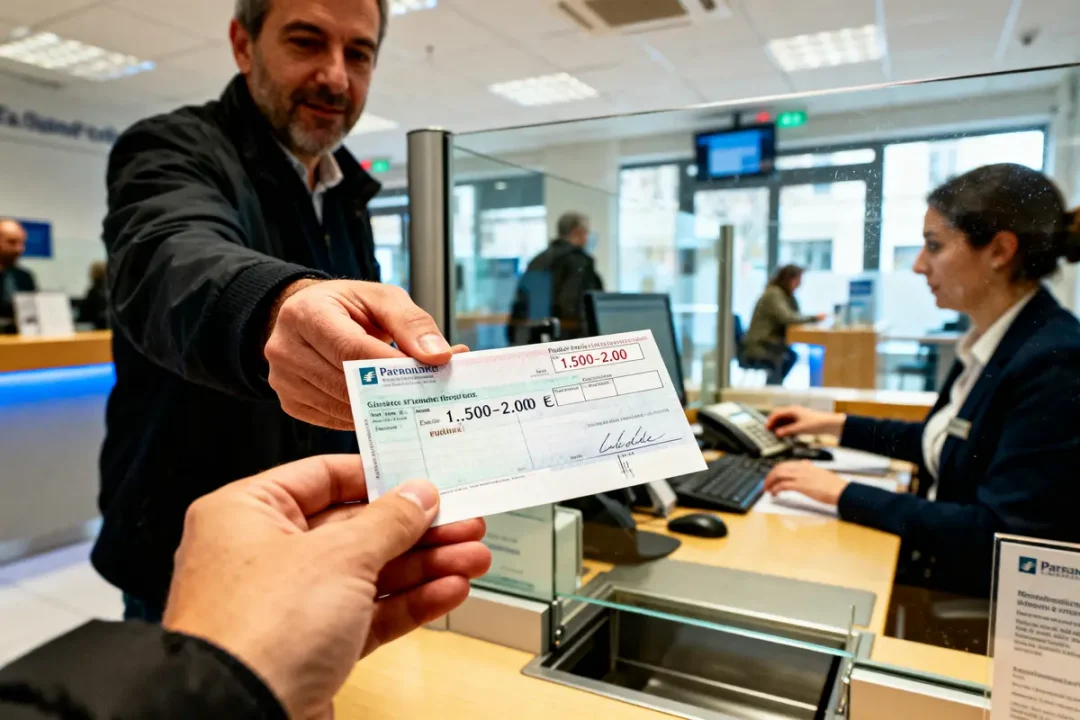 Homme remettant un chèque à une employée de banque derrière un comptoir, intérieur de banque moderne.