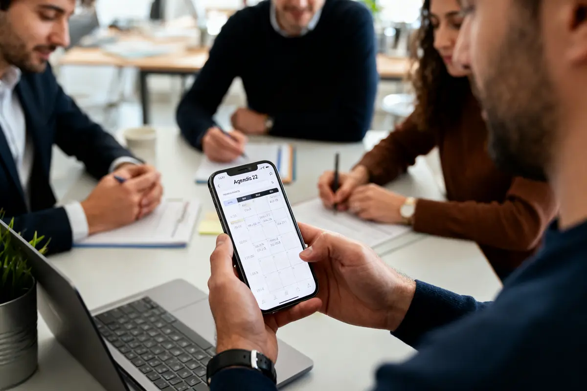 Personne tient un smartphone affichant un agenda, entourée de collègues discutant autour d'une table.