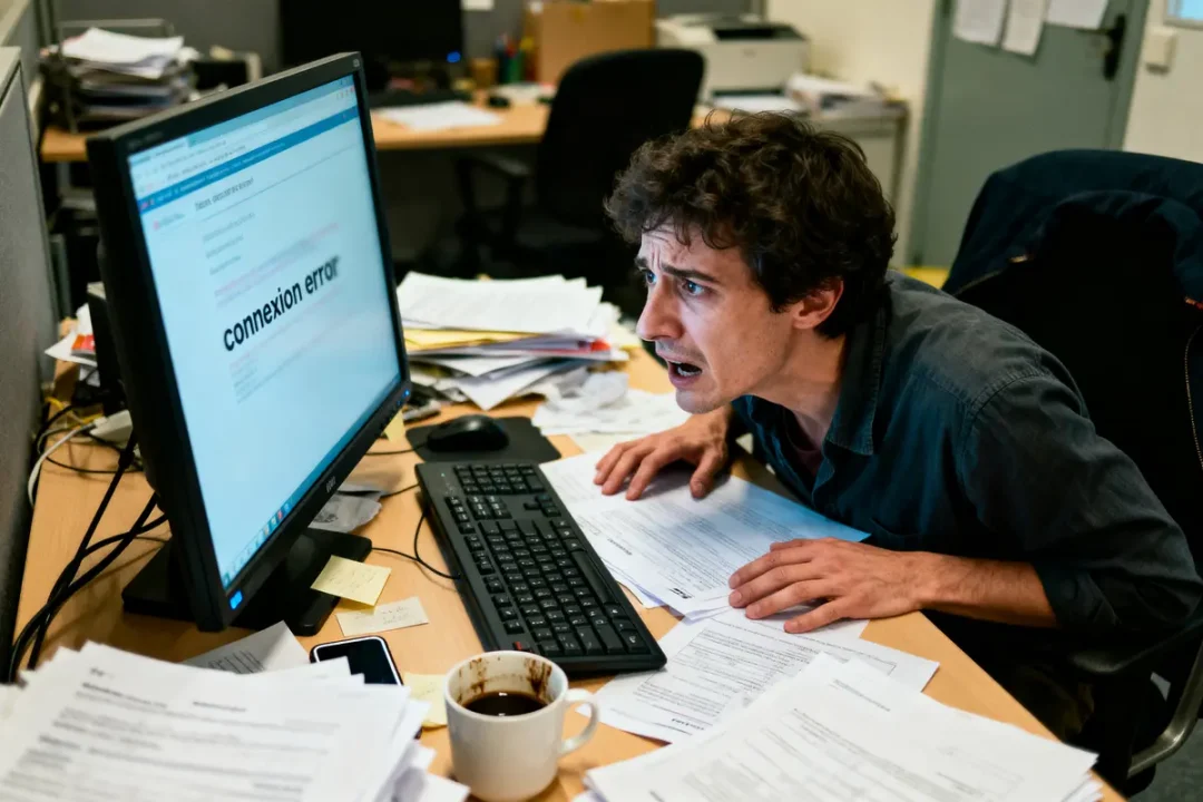Homme paniqué devant ordinateur affichant "connexion error", bureau en désordre avec papiers et tasse de café.