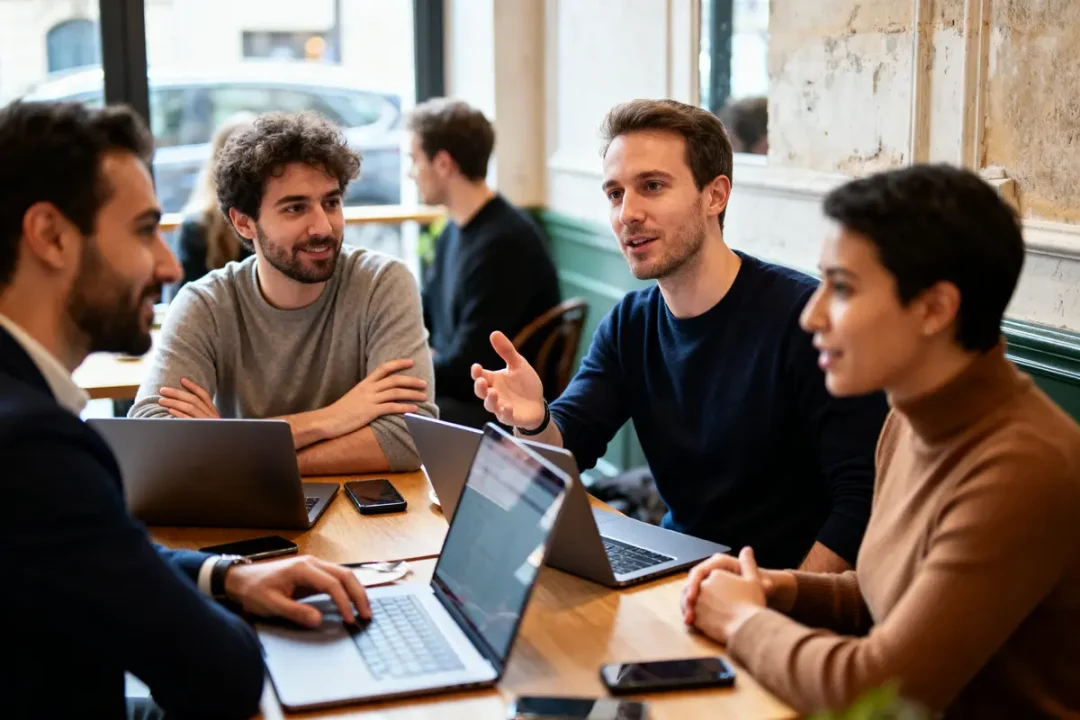 Quatre personnes discutent autour d'une table avec des ordinateurs portables et des téléphones dans un café.