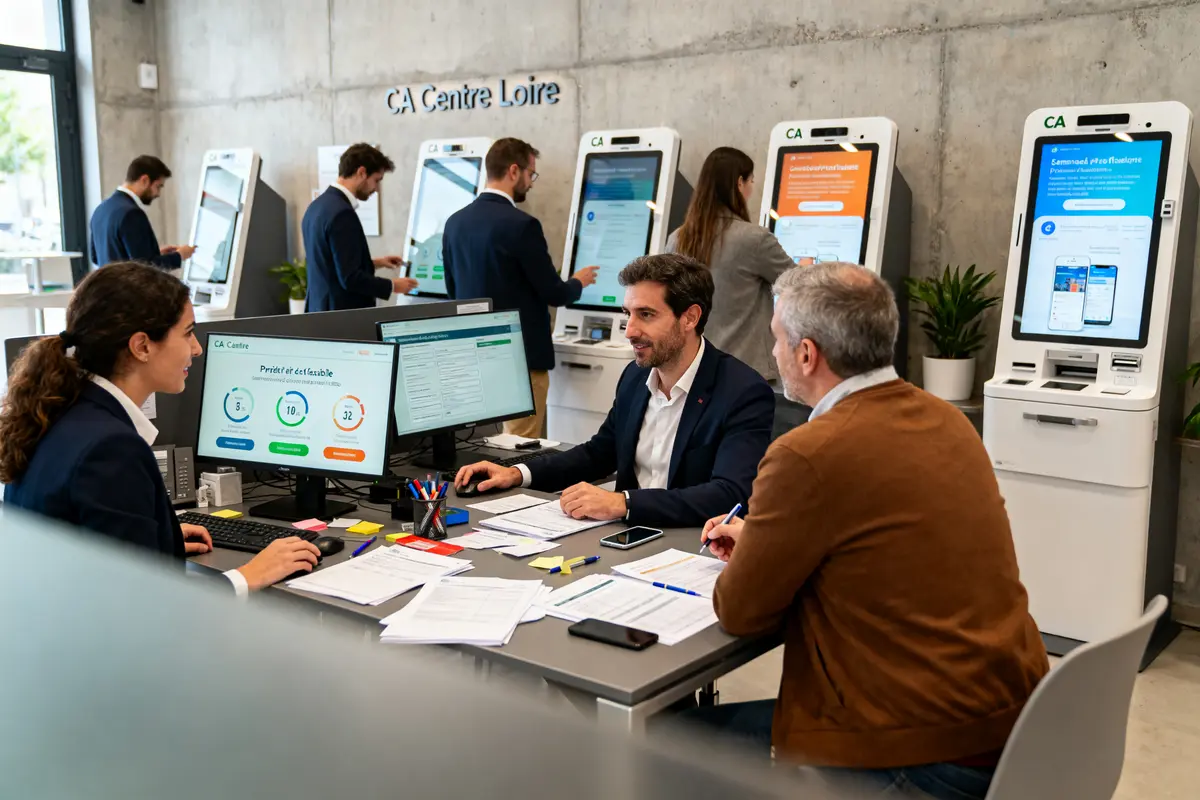 Personnes discutant à un bureau dans une agence bancaire moderne avec distributeurs automatiques.