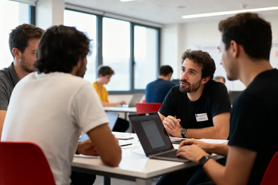 Quatre personnes discutent autour d'une table avec des ordinateurs portables dans une salle de réunion moderne.
