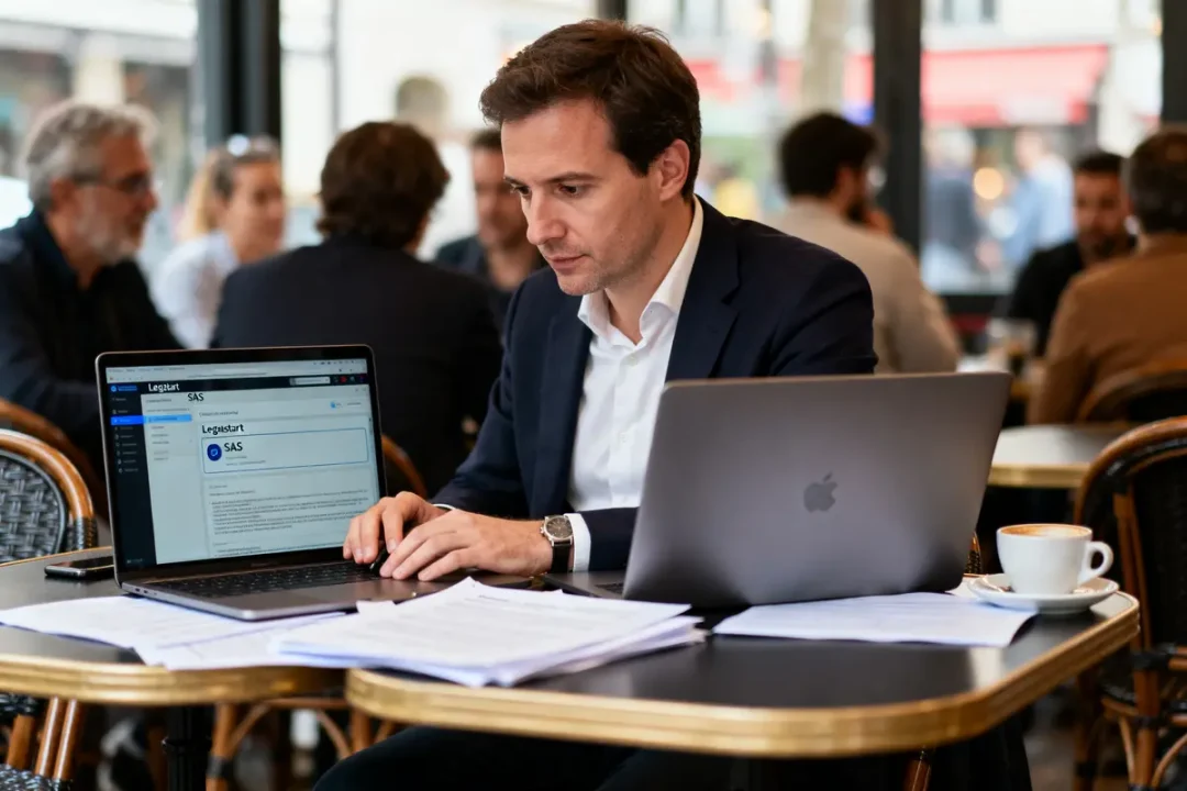 Homme travaillant sur ordinateur portable dans un café, documents et tasse de café sur table.
