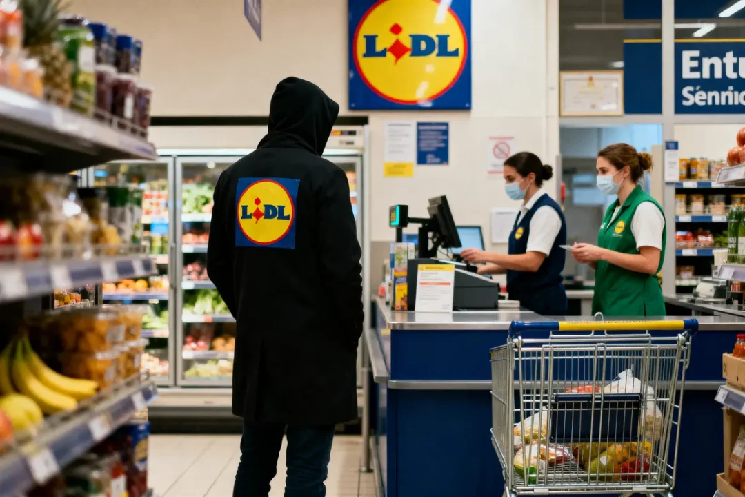 Client et employés dans un supermarché Lidl, avec des paniers, devant une caisse enregistreuse, masqués.