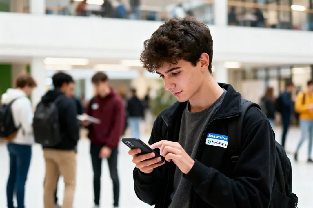 Étudiant tapant sur smartphone dans un hall avec d'autres étudiants en arrière-plan flou.