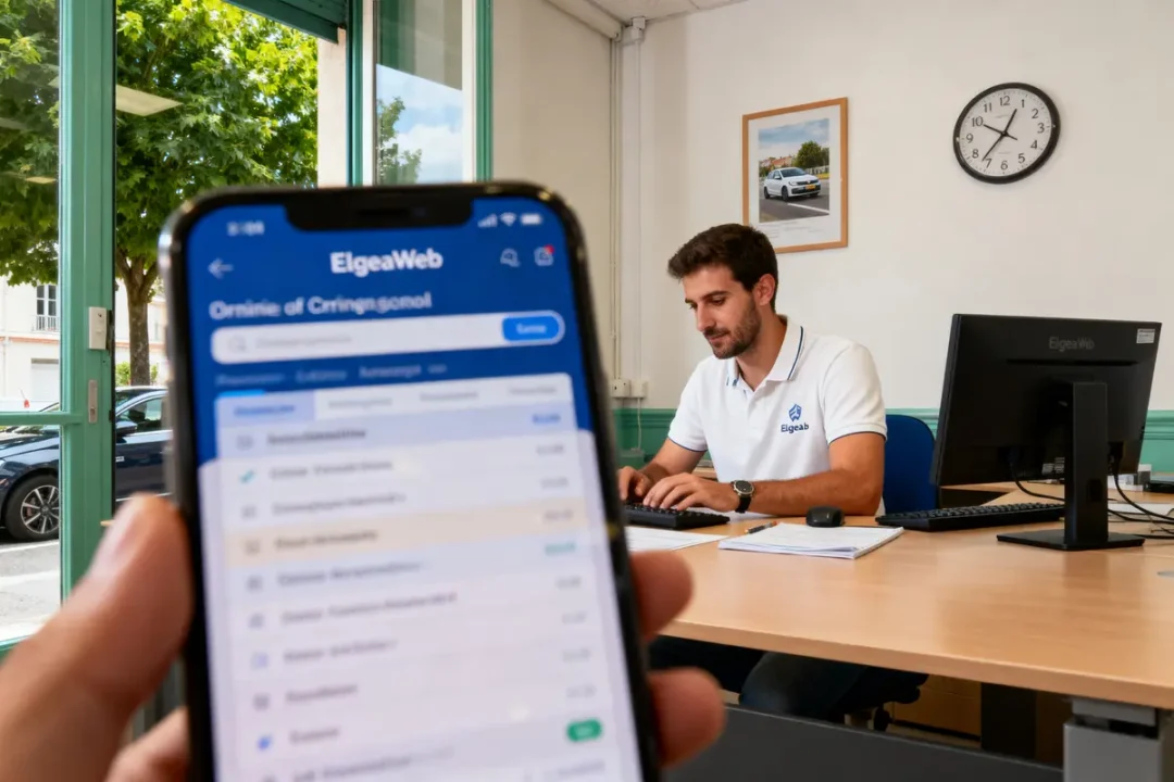 Homme travaillant à l’ordinateur, écran de téléphone montrant ElgeaWeb, bureau avec horloge et fenêtre ouverte.