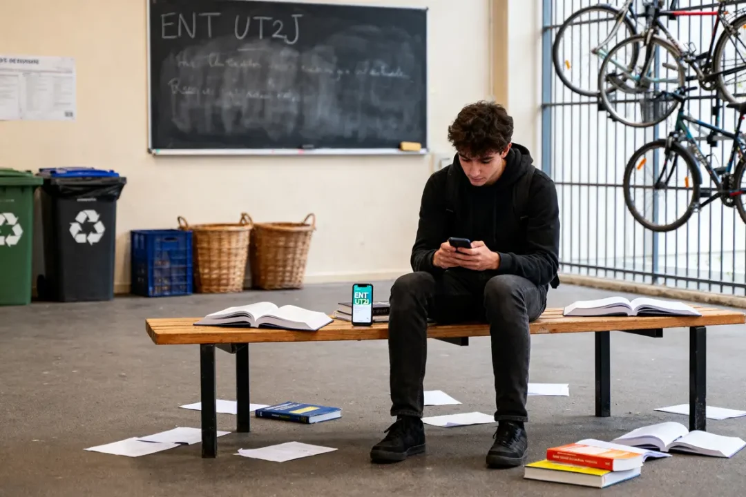 Un étudiant assis sur un banc, consultait son téléphone, entouré de livres et de feuilles.