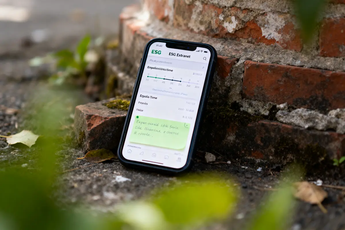 Smartphone affichant l'application ESG, adossé à un mur de briques, entouré de feuilles et de végétation.