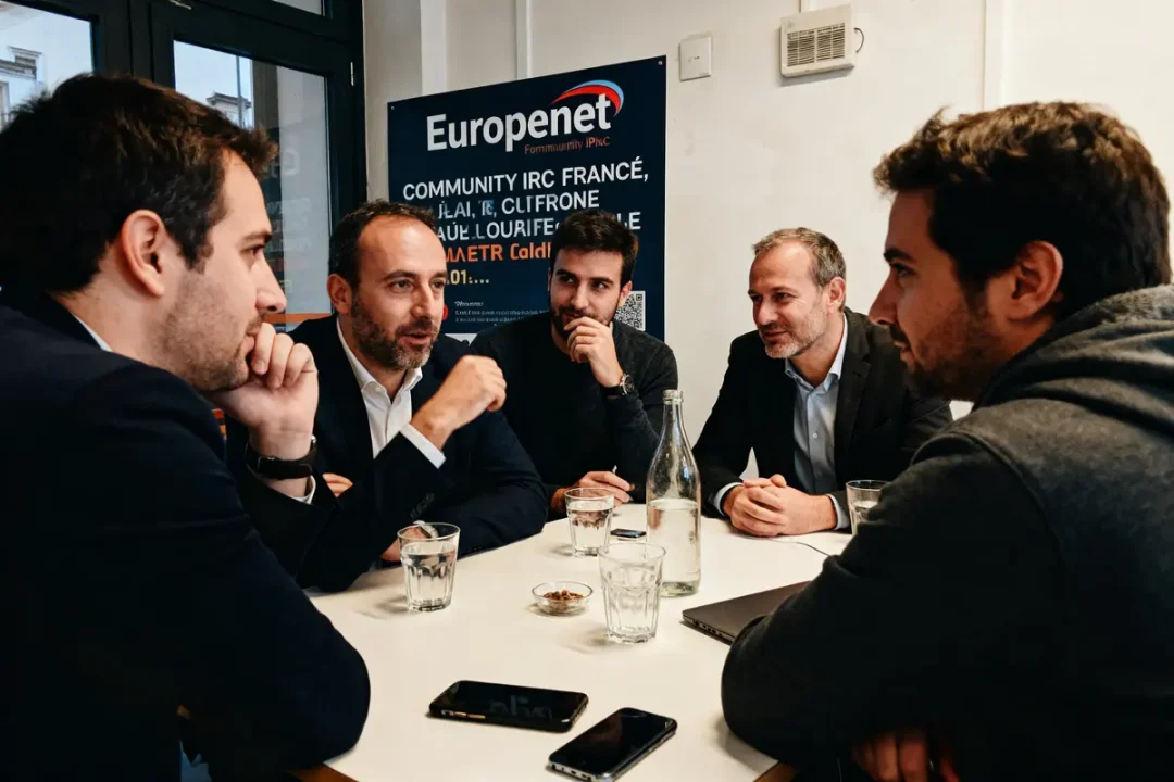 Cinq hommes discutent autour d'une table, verres d'eau et téléphone présents, devant une affiche Europenet.