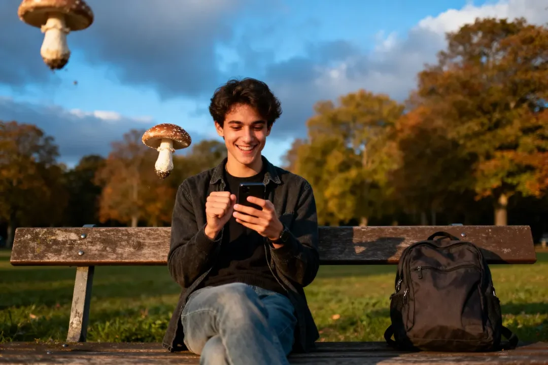 Jeune homme souriant sur un banc, utilisant un téléphone, champignons flottants, parc en automne.