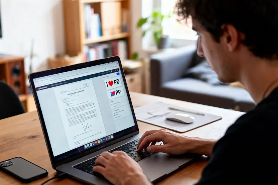 Un homme utilise un ordinateur portable, document à l'écran, bureau en arrière-plan.