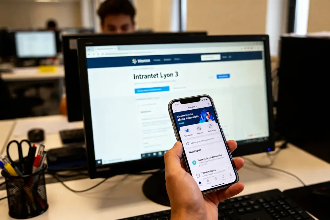 Personne utilisant smartphone devant écran d’ordinateur affichant "Intranet Lyon 3" dans un bureau.