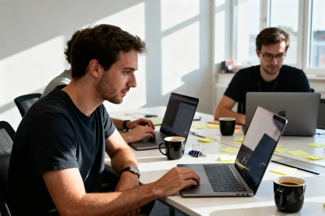 Trois personnes travaillent sur des ordinateurs portables dans un bureau, avec des tasses de café sur la table.