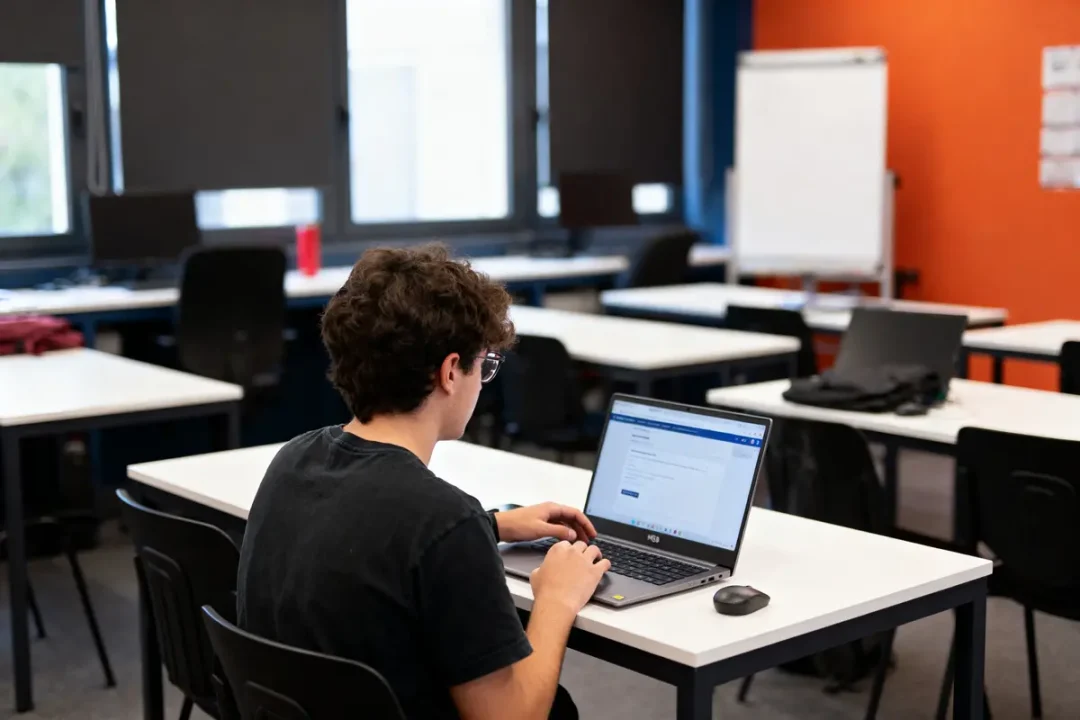 Un étudiant travaille sur un ordinateur portable dans une salle de classe vide avec tableau blanc.