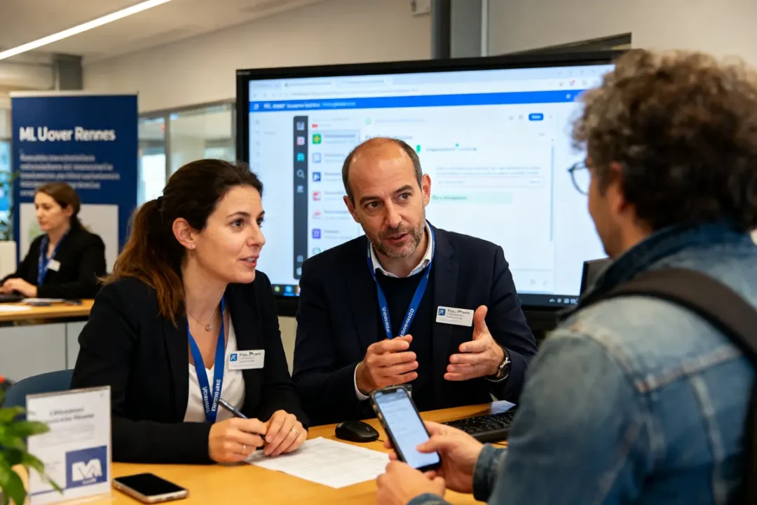 Trois personnes discutent dans un bureau avec un écran d'ordinateur en arrière-plan.