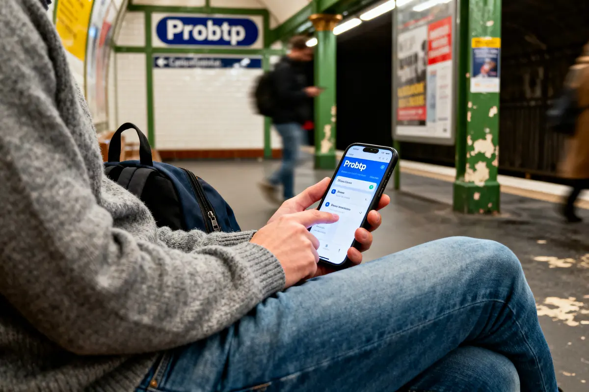 Personne utilisant une application mobile PROBTP dans une station de métro, avec des passants flous en arrière-plan.