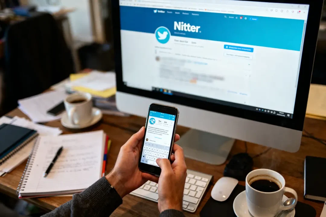 Personne utilisant Nitter sur téléphone et ordinateur, bureau avec café et notes.