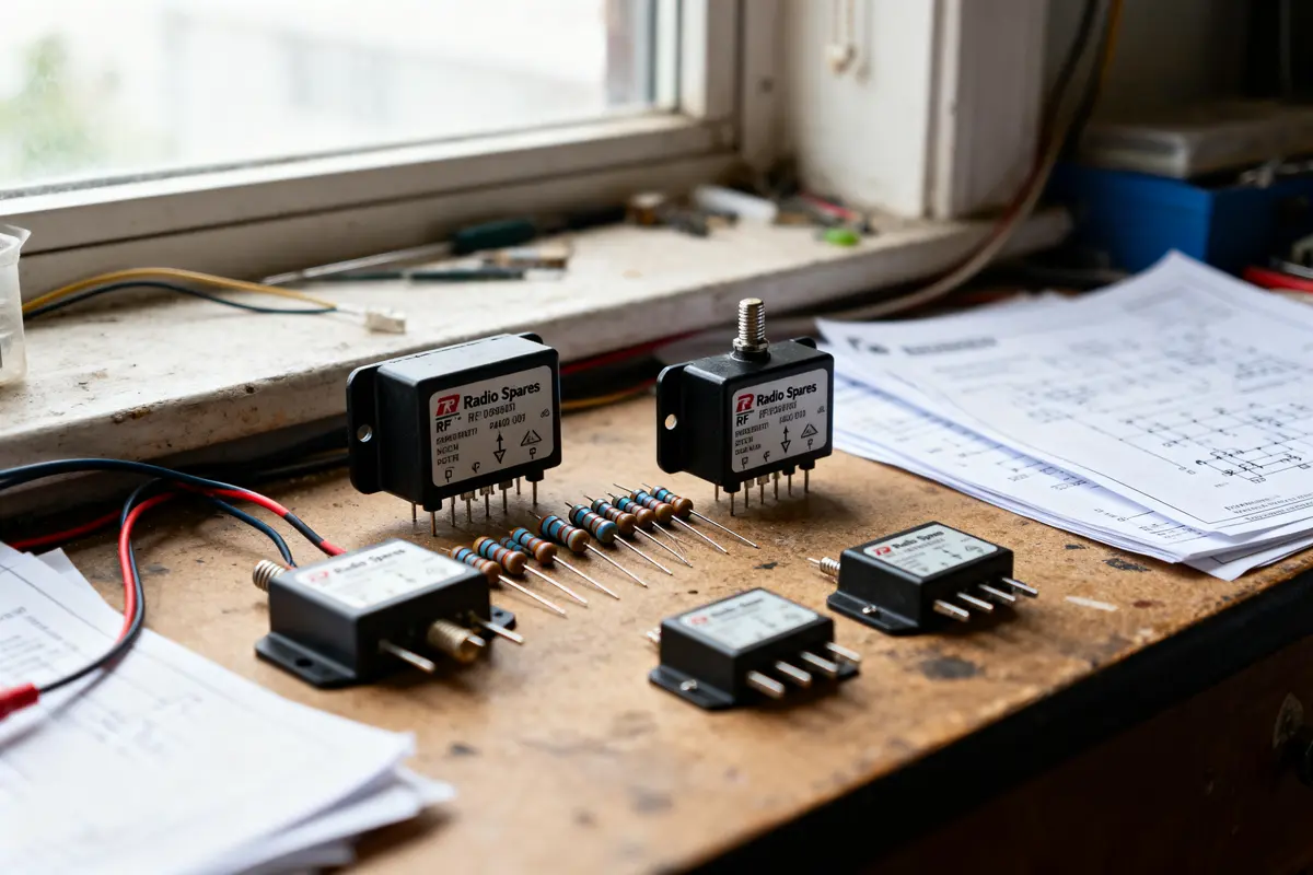 Composants électroniques sur un bureau avec résistances et plans techniques, près d'une fenêtre.