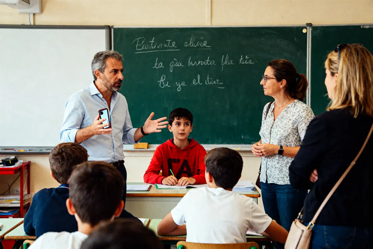 Un professeur parle à des parents et élèves en classe devant un tableau noir.