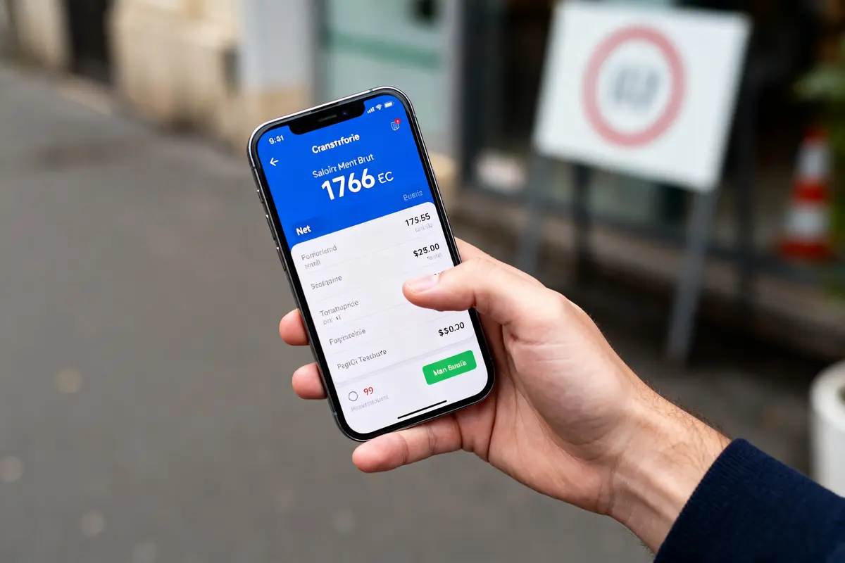 Personne vérifiant sur mobile conversion de 1766 brut en net sur application de salaire