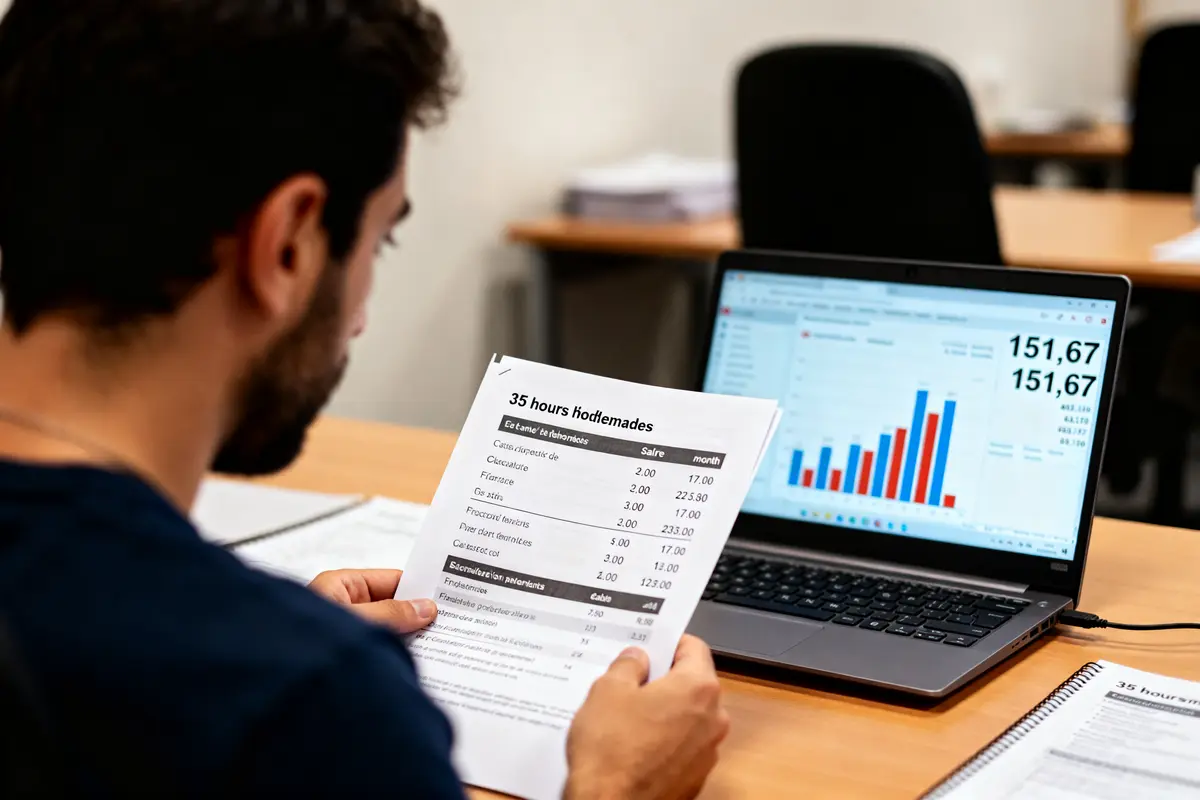 Homme consultant des graphiques pour calcul des 35 heures par semaine en heures mensuelles