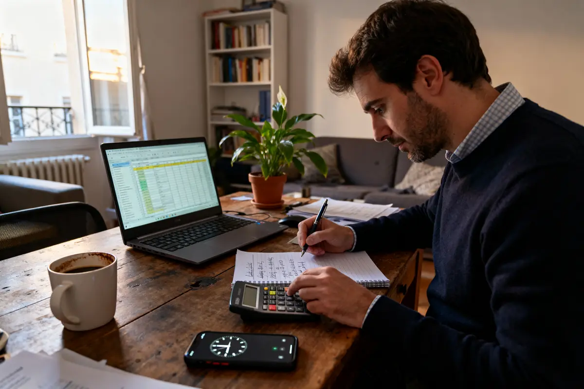 Homme calculant le salaire mensuel pour 39 heures par semaine avec ordinateur, carnet et calculatrice