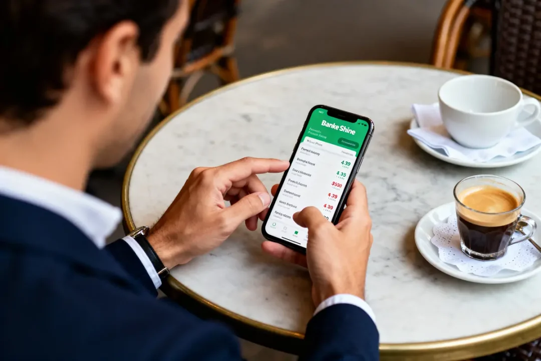 Personne utilisant l'application mobile de la Banque Shine sur smartphone à une terrasse cafée