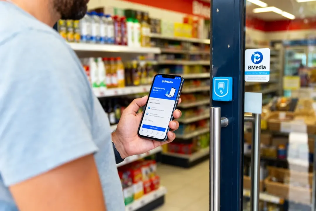 Client Bimedia utilisant smartphone devant une épicerie pour vérifier des informations numériques.