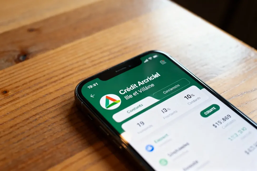 Écran de l'application Crédit Agricole sur smartphone, CA 35 affiché en haut.