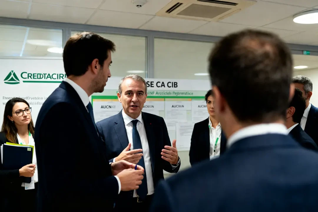 Réunion d'affaires avec des cadres devant une affiche Crédit Agricole CIB
