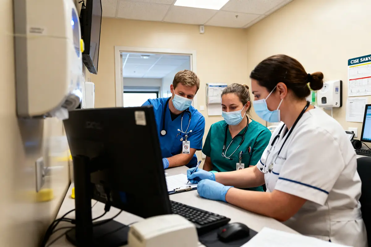 Personnel médical collaborant devant un ordinateur dans un bureau du CSE Santé Nord