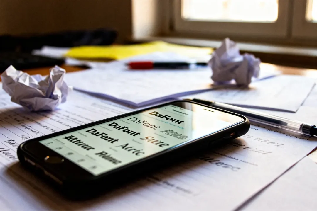 Smartphone affichant le site DaFont pour sélectionner des polices sur un bureau désordonné