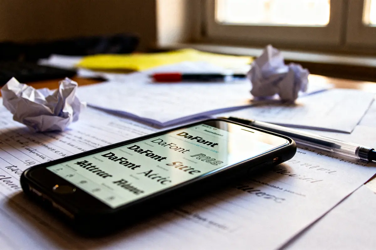 Smartphone affichant le site DaFont pour sélectionner des polices sur un bureau désordonné
