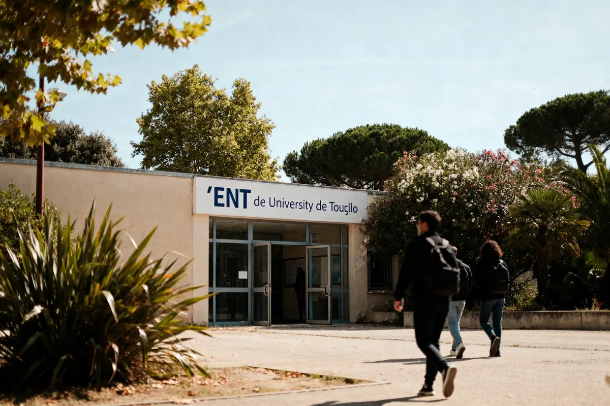 Entrée de l'ENT de l'université de Toulouse avec étudiants marchant devant le bâtiment