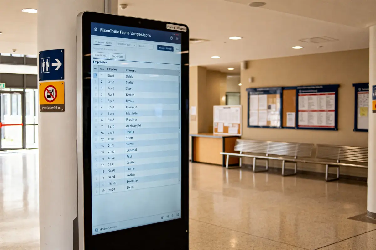 Écran de planning dans un hall universitaire utilisant Hyperplanning à Paris 13