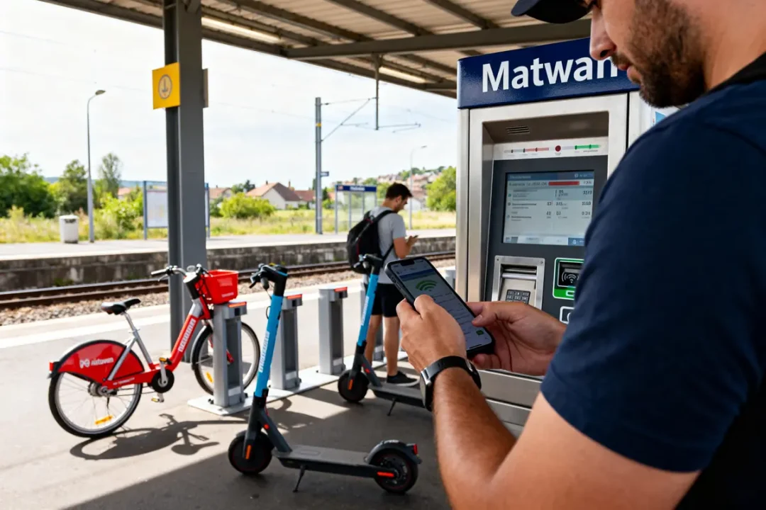 Gare de Matawan avec vélos et trottinettes, personnes utilisant un distributeur automatique