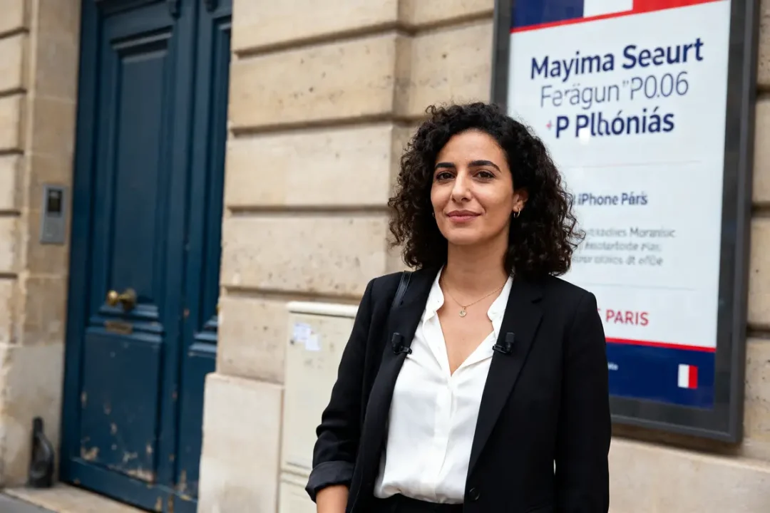 Personne souriante devant un bâtiment parisien, nom de Myriam Seurat visible sur l'affiche