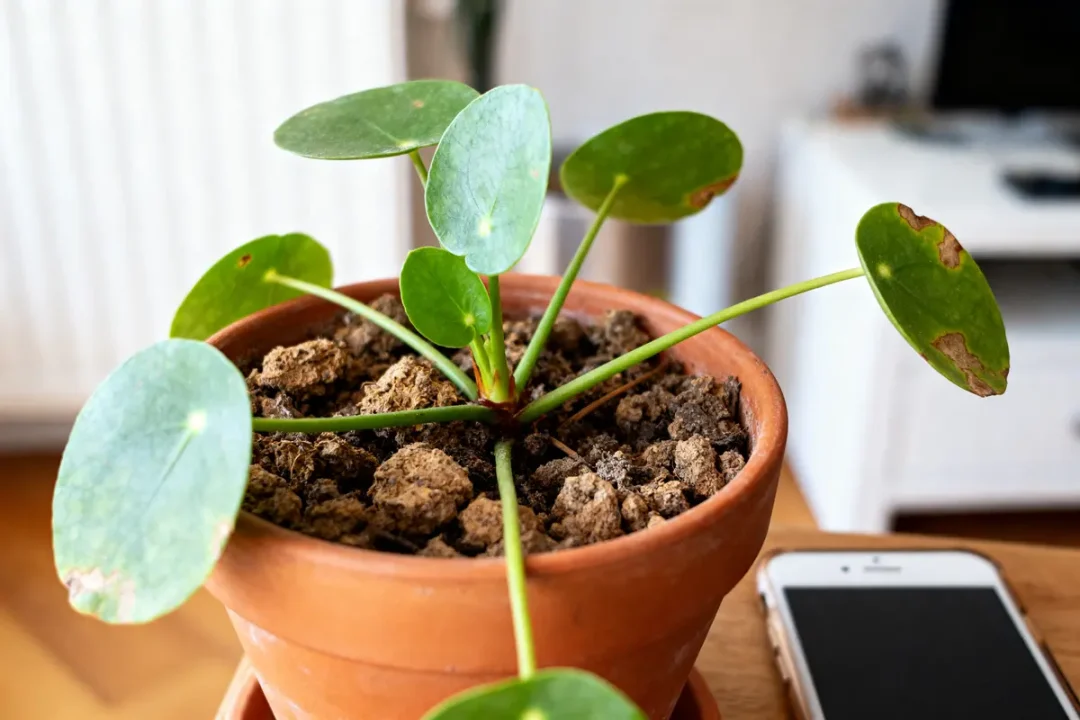 Pilea en pot avec feuilles abîmées, asso des problèmes de croissance.