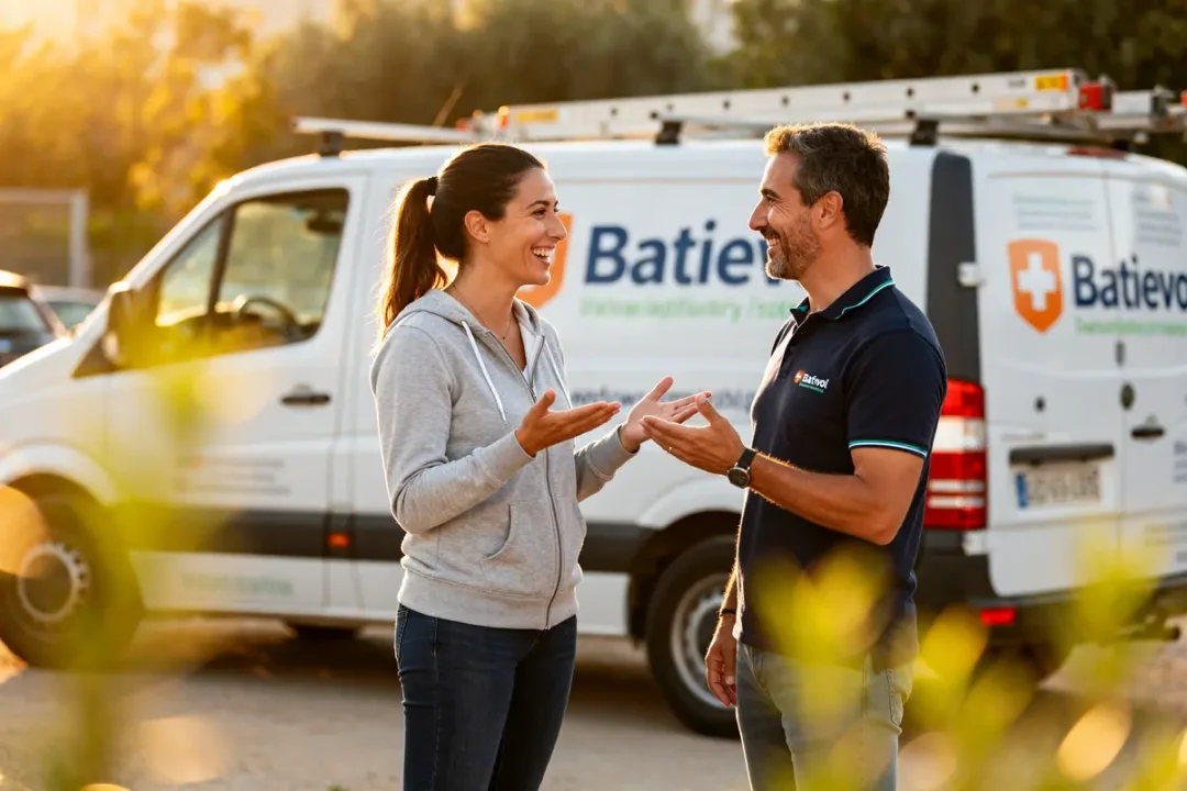 Discussion entre deux personnes devant une camionnette Batievol pour avis clients satisfaits