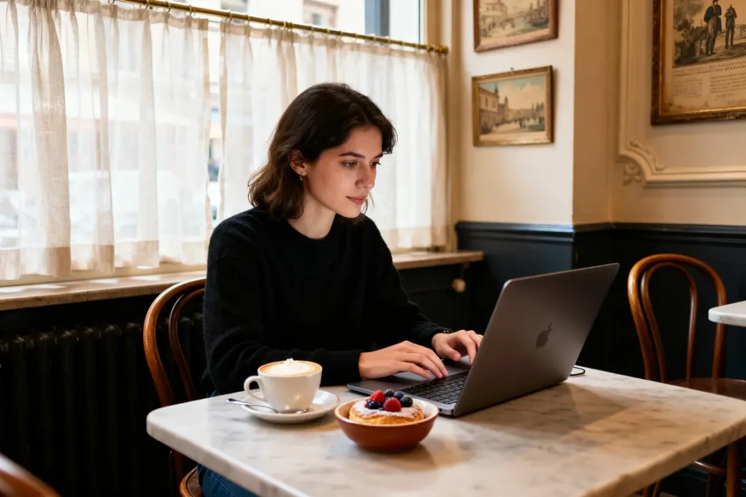 Femme travaillant sur un ordinateur portable dans un café, explorant des solutions de facturation électronique