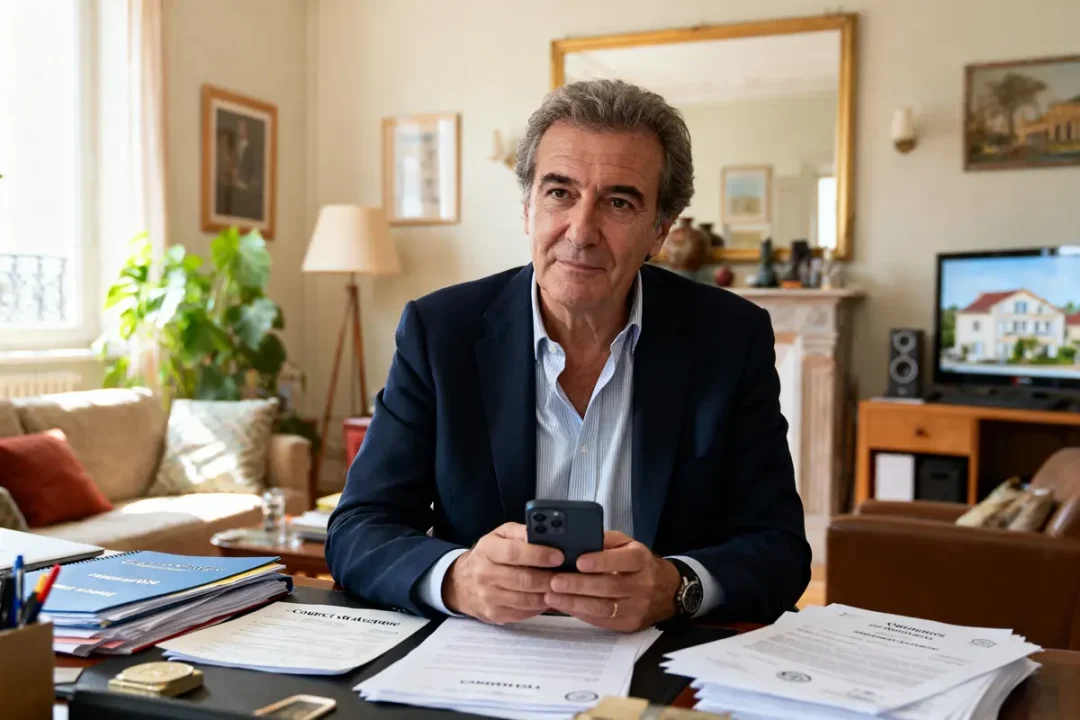 Homme en costume consultant son téléphone au bureau évoquant la fortune d'Alain Minc