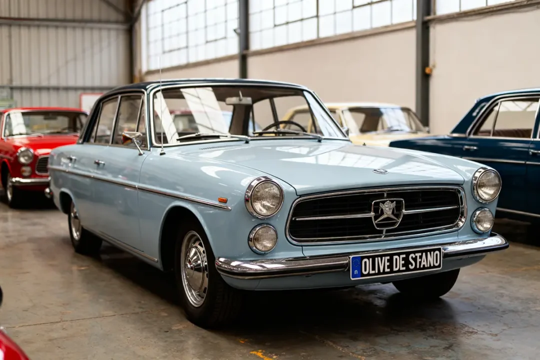 Voiture ancienne exposée, reflet de la fortune d'Olivier de Stefano dans un garage lumineux