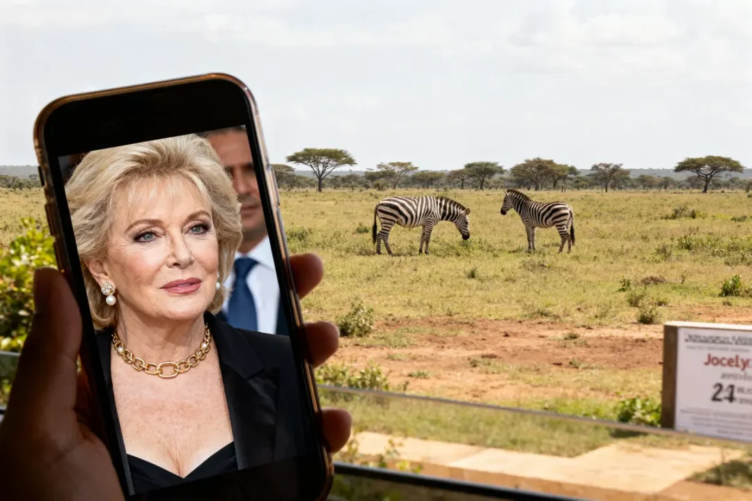 Main tenant un téléphone avec portrait devant des zèbres, évoquant la fortune de Jocelyne Wildenstein